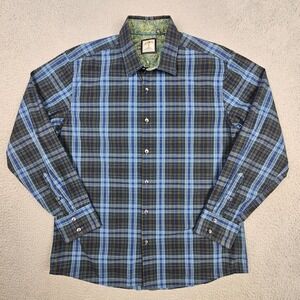 J. Garcia Mens L Plaid Button Up Shirt Blue Green 100% Cotton Long Sleeve